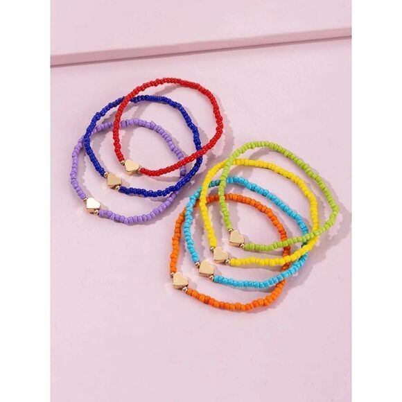Rainbow Seed Bead Sweet Heart Bracelet Set - Picture 4 of 7